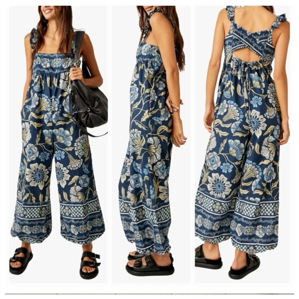 Free People Navy Blue Floral Wide-Leg Jumpsuit Bali small - Picture 3 of 9